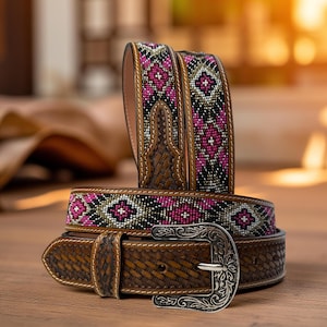Western Genuine Leather Beaded Heavy Duty Belt, Custom Personalized Rodeo belt For Cowboy Cowgirl