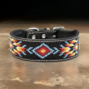 Leather Beaded Dog Cat Collar, Full grain western Leather Puppy Collar Hand Tooled Crafted Padded