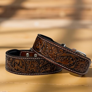 Western Carved Full Grain Floral Leather Dog Cat Pet Collar, dog cat leather collar pet accessories handmade dog cat gift