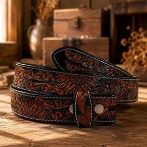 May include: A black and brown leather belt featuring an embossed sunflower and floral pattern throughout the strap. The belt includes white contrast stitching along the edges and a small leather keeper loop secured with two silver-toned metal rivets.