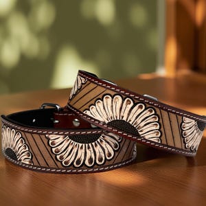 Western Genuine Leather dog collar tooled Leather Flower Dog Cat Collar, Full grain western Leather Puppy Collar
