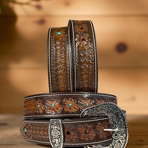 Tooled Western Flower Carved Leather Belt 100% Genuine Full Grain Cowhide Engraved Genuine Leather Cowboy Belt