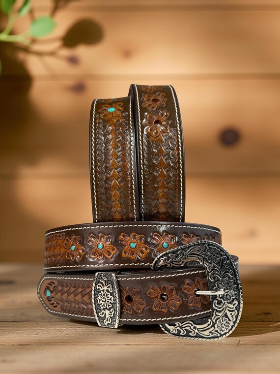 Tooled Western Flower Carved Leather Belt 100% Genuine Full 