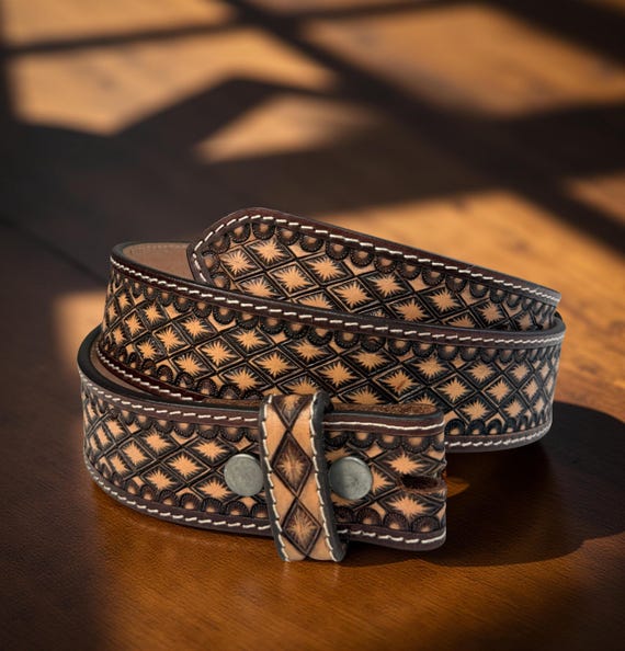 Western Floral Engraved Buckle Full Grain Genuine Leather Belt 1.5\