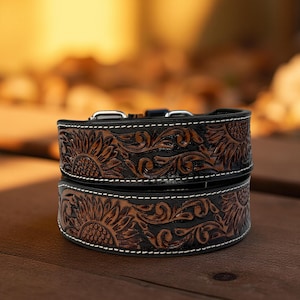 Western Genuine Leather dog collar tooled Leather Dog Cat Collar, Full grain western Leather Puppy Collar