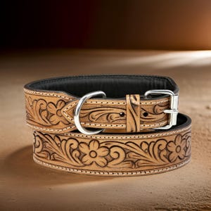 Western Carved Full Grain Floral Leather Dog Cat Pet Collar, dog cat leather collar pet accessories handmade dog cat gift