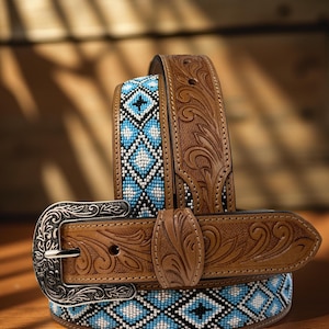 Genuine Leather Beaded Western Heavy Duty Belt, Custom Personalized Rodeo belt For Cowboy Cowgirl