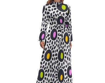 Maxi Dress Long Sleeve High Neck Tie Belt * Retro Vibes! * Vintage Style Printed Pattern Black White Spots Neon Pink Yellow Green Polka Dots