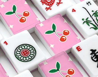 American Mahjong Tiles Cherry Pattern Red Cherries Pink Color Background