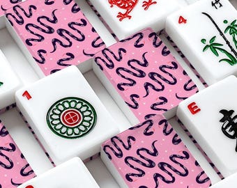 American Mahjong Tiles Set Mystical Snakes Pattern Pink Blue-Black White Red