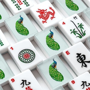 American Mahjong Tiles Set Peacock Motif Pale Blue Background image 1