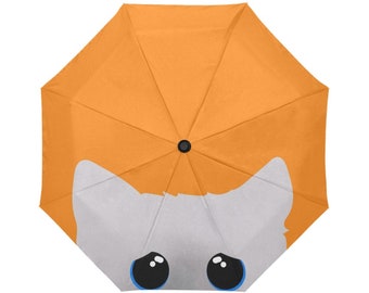 Umbrella Cute Kitty Playful Attack Eyes Cat * Dark Honey Mustard Yellow Orange and Light Grey White * Automatic and Includes Cover