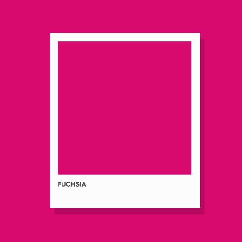 Puede incluir: Un gr&aacute;fico cuadrado de color fucsia enmarcado por un borde blanco, que recuerda a una impresi&oacute;n fotogr&aacute;fica instant&aacute;nea. La palabra FUCHSIA est&aacute; impresa en una fuente negra sans-serif clara en la esquina inferior izquierda del borde blanco.