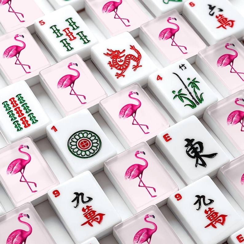 American Mahjong Tiles Set Pink Flamingo Motif image 1