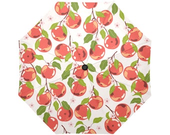 Umbrella Printed Pattern * Automatic * Includes Cover * Red Apples Orchard Fruit Red Pink Blossoms Dark Green Leaves Love Nature Botanical