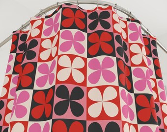 Duschvorhang Retro Folk Blumen Motiv Muster Rot Rosa Schwarz