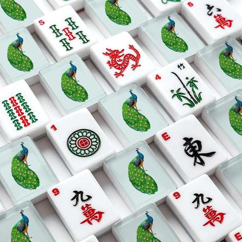 American Mahjong Tiles Set Peacock Motif Pale Blue Background image 1
