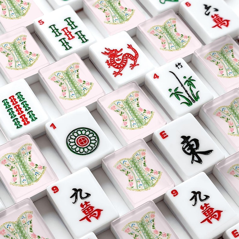 American Mahjong Tiles Set Regency Corset Print Pink Green Floral Pattern image 1