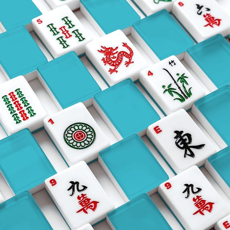 Juego de fichas de Mahjong americanas, color azul turquesa liso. imagen 1
