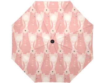 Umbrella Printed Pattern * Automatic * Includes Cover * Dark Pink Cats on Light Pink Background Off White Stars Dusty Blush Optical Illusion