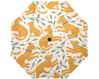 Umbrella Printed Pattern * Automatic * Includes Cover * Medieval Middle Ages Garden Dark Mustard Yellow Off White Green Leaves Hunting Dogs