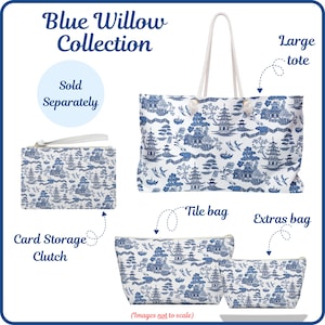 Accesorios para Mahjong - Estampado Chinoiserie Blue Willow - Bolso grande, bolsa para guardar fichas, tarjetero