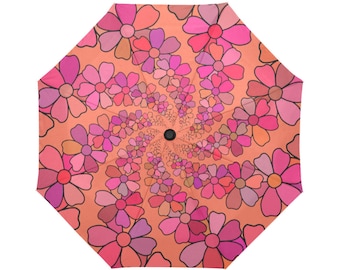 Umbrella Printed Pattern * Automatic * Includes Cover * Retro Hippy Vintage 1960s 1970s Floral Flowers Spiral Dark Pink Orange Lilac Purple