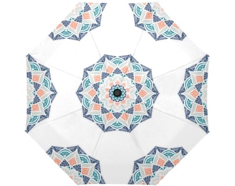 Umbrella Mandala Printed Pattern Vintage Style Modern Design* Teal Blue Coral Red and White * Automatic and Includes Cover