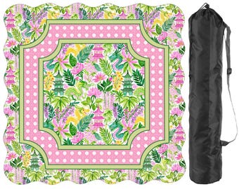 Tapete de Mahjong con diseño de pagoda de dragón estilo chinoiserie tropical en fucsia, rosa y verde esmeralda - Cuadrado o festoneado