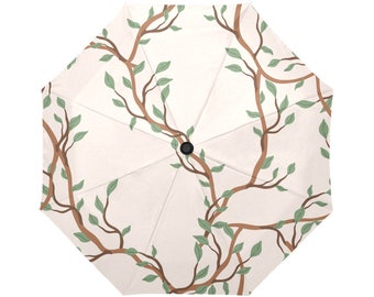 Umbrella Printed Pattern * Automatic * Includes Cover * Botanical Branches Dark Green Leaves Vintage Victorian Forest Brown Cream Background