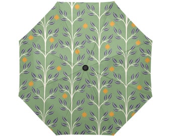 Umbrella Printed Pattern * Automatic * Includes Cover * Medieval Middle Ages Garden Green Dark Mustard Yellow Black White Forest Trees