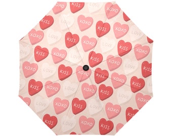 Umbrella Printed Pattern * Automatic * Includes Cover * Love Heart Candy Lollies Pink Red White Messages Valentines Day Retro Sweetheart