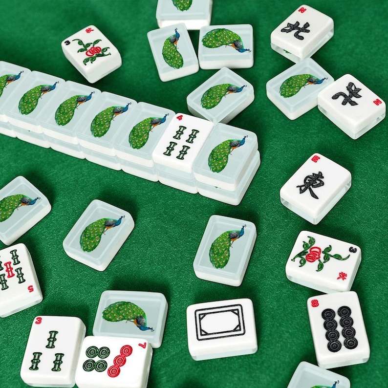 American Mahjong Tiles Set Peacock Motif Pale Blue Background image 2