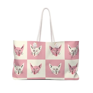 Mahjong Förvaringsväska Stor Tote Katt Rutig Mönster Rosa Krämrött Tryck