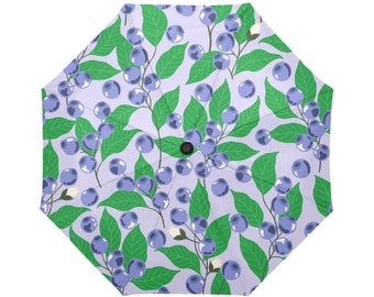 Umbrella Printed Pattern * Automatic * Includes Cover * Blueberries Blueberry Patch Fruit Orchard Light Purple Dark Green Leaves Botanical