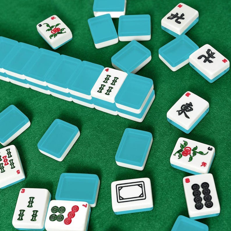 Juego de fichas de Mahjong americanas, color azul turquesa liso. imagen 2