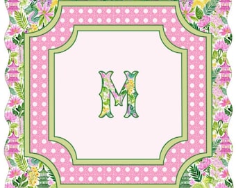 Tapete de Mahjong con Monograma, Dragón, Pagoda, Estilo Chinoiserie Tropical, Rosa Fucsia, Verde Esmeralda - Cuadrado o Festoneado
