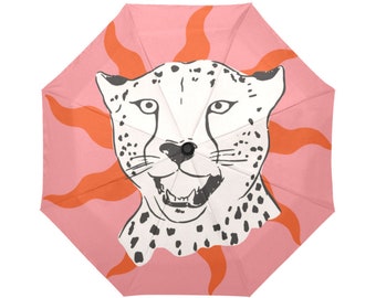 Umbrella Printed Pattern * Automatic * Includes Cover * Leopard Portrait Happy Vintage Retro Poster Design Pink Bright Red Black White Spots