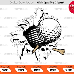 Peut inclure: Une illustration en noir et blanc d'une balle de golf qui traverse un morceau de papier déchiré. Un tee de golf sort du papier.