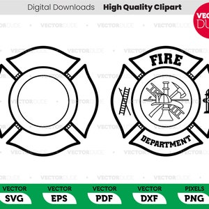 May include: Black and white line art illustration of a fire department badge. The badge is a cross with the words "FIRE DEPARTMENT" and a fire helmet, axe, and ladder inside the cross.
