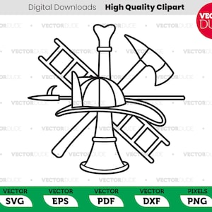 Puede incluir: Ilustración en blanco y negro de línea de un casco de bombero, un hacha, una escalera y una boquilla de manguera de incendios. La ilustración es un símbolo del departamento de bomberos.