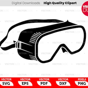 May include: Black and white silhouette of a pair of safety goggles with a strap.