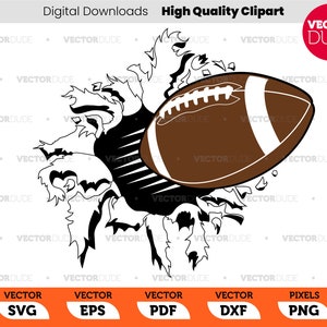 May include: A brown and white football breaks through a black and white torn paper background. The football is in the center of the image and is facing the right side of the image.