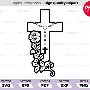 Cruz religiosa con cuentas de rosario y borde floral Vector de alta calidad, archivo de corte de vinilo Cricut, imágenes prediseñadas vectoriales [svg eps pdf dxf png]
