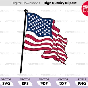Bandiera americana ondulata con asta Clipart vettoriale di alta qualità [svg eps pdf dxf png]