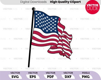 Bandera estadounidense ondulada con asta. Clipart vectorial de alta calidad [svg eps pdf dxf png]