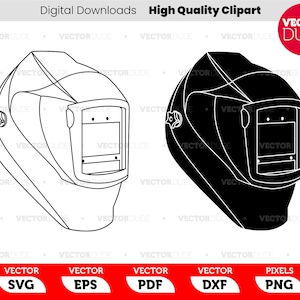 May include: A black and white line drawing of a welding helmet. The helmet has a large visor and a knob on the side. The helmet is a safety device used to protect the eyes and face from sparks and other debris.