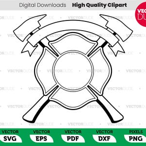 Puede incluir: Ilustración en blanco y negro de una cruz de Malta de bombero con dos hachas cruzadas y una pancarta arriba. La pancarta está en blanco y se puede personalizar con texto.