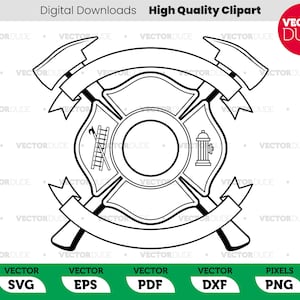 Puede incluir: Ilustración en blanco y negro de línea de arte de una insignia de bombero con una escalera, una boca de incendios y hachas cruzadas. La insignia tiene una pancarta con espacio para texto.