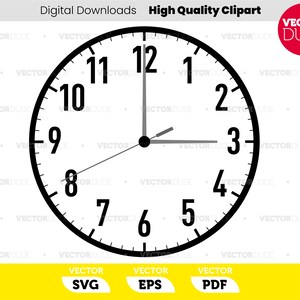 May include: A black and white clock face with black hour and minute hands. The clock face shows the time as 3:00.